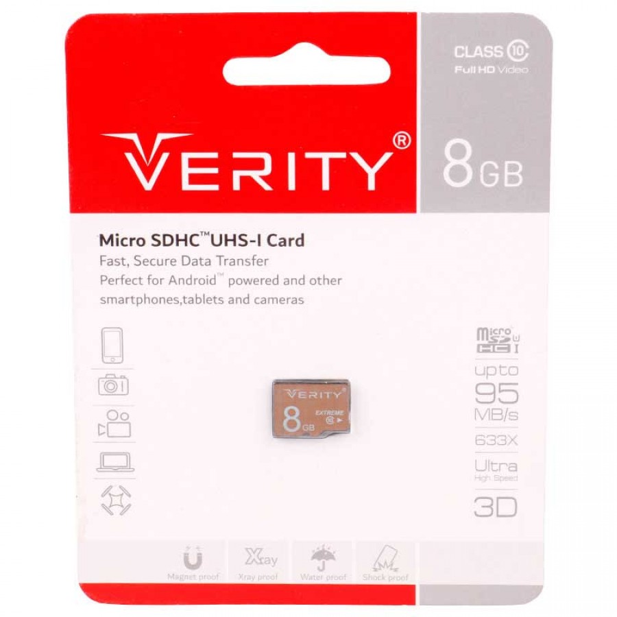 کارت حافظه VERITY مدل 633X کلاس U1 10 سرعت 95MB/S ظرفیت 8 گیگابایت