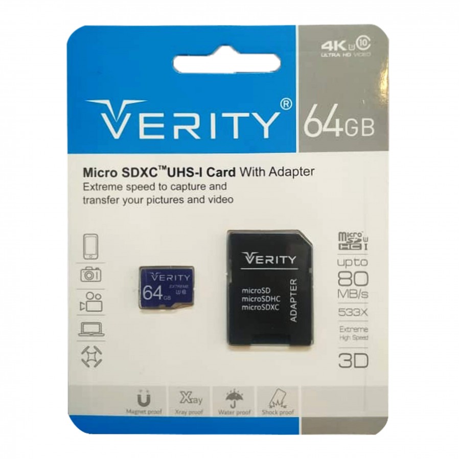 کارت حافظه VERITY 64G U3 کلاس 10 سرعت 80MB/S همراه با آداپتور